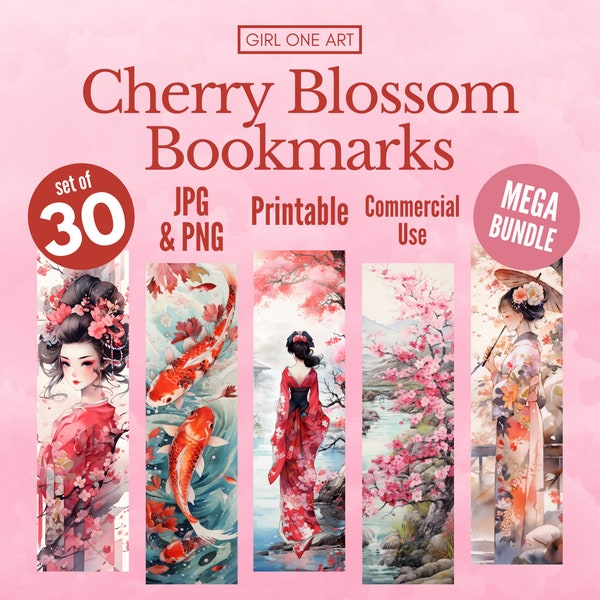 Japonais Cherry Blossom Signets imprimables Bundle Numérique PNG JPG Utilisation commerciale Sublimation Sakura Junk Journal Bookmark Sheet Print & Cut