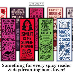 Puede incluir: Una colecci&oacute;n de marcap&aacute;ginas coloridos con varias citas e ilustraciones. Los dise&ntilde;os incluyen una copa de vino, libros abiertos, elementos florales y frases como "Smut is my superpower" y "Magic, Mayhem & Sass". El texto "Girl One Art" est&aacute; en la parte superior.