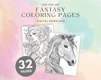 Fantasy Coloring Pages, Unicorns, Mermaids, Dragons, Fairies, Stress Relief for Teens & Adults, Digital Download, Printable, Whimsical