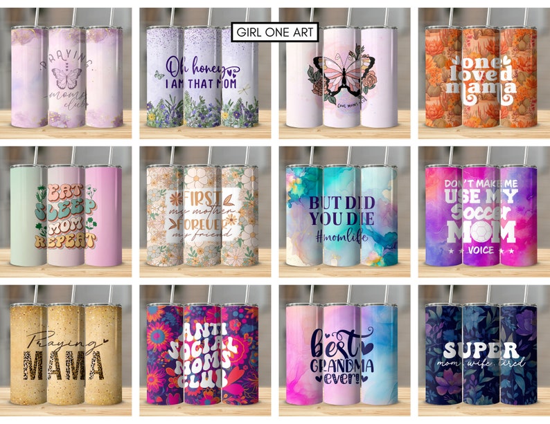 Mom Tumbler Wrap Bundle 20oz Skinny Straight Mother's Day Tumbler Sublimation Mama Design Digital Download Mom Life PNG Boho Floral Glitter image 7