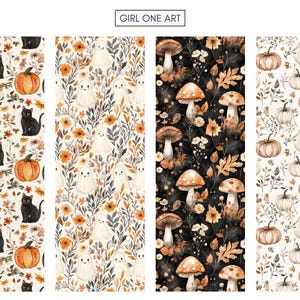 K&ouml;nnte beinhalten: Vier vertikale Tafeln mit herbstlichen Mustern. Eine zeigt K&uuml;rbisse und schwarze Katzen, eine andere Geister und Blumen, eine dritte Pilze und die letzte K&uuml;rbisse und Bl&auml;tter. Der Text "GIRL ONE ART" befindet sich oben.