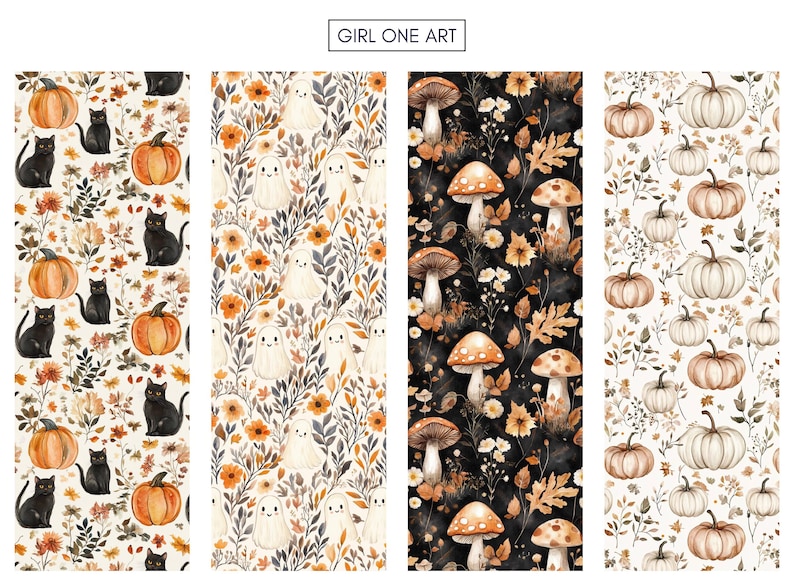 K&ouml;nnte beinhalten: Vier vertikale Tafeln mit herbstlichen Mustern. Eine zeigt K&uuml;rbisse und schwarze Katzen, eine andere Geister und Blumen, eine dritte Pilze und die letzte K&uuml;rbisse und Bl&auml;tter. Der Text "GIRL ONE ART" befindet sich oben.
