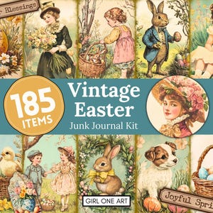 Puede incluir: Un collage de imágenes vintage con temática de Pascua. Las imágenes incluyen niños, conejos, pollitos y huevos decorados. El texto incluye "Easter Blessings", "Vintage Easter", "185 Items", "Joyful Spring" y "Girl One Art". La paleta de colores es suave y pastel.