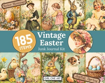 Vintage Easter Junk Journal Kit: Rustic Bunny, Floral Cottagecore Victorian Spring Ephemera (Digital Printables)