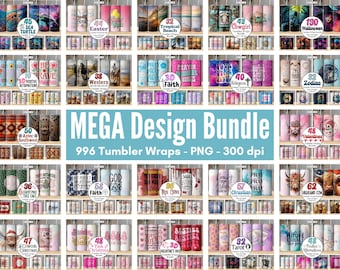 May include: A collection of 996 tumbler wrap designs in PNG format at 300 dpi. The designs are organized into categories such as "Sea Turtle", "Easter", "Tropical Beach", "Cowgirl", "Halloween", "Western", "Faith", "Zodiac", "Aztec Southwest", "Valentines", "Tree Love", "True Crime", "Christian", "Highland Cow", "Christmas", "Best Friends", "Tarot", and "Future is Female".