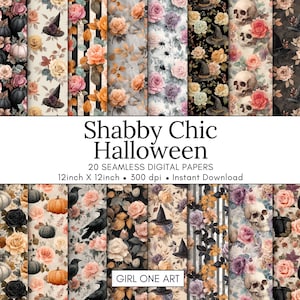 May include: A collection of 20 seamless digital papers with a Shabby Chic Halloween theme. The designs feature pumpkins, crows, witch hats, skulls, and roses in muted colors. Each paper is 12 inches by 12 inches.