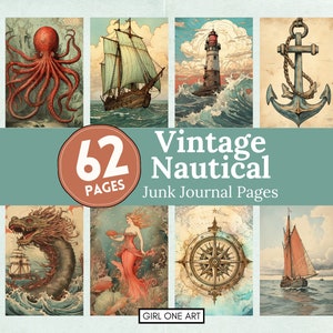 Vintage Nautical Junk Journal Pages téléchargement immédiat océan scrapbooking papier sirène fantaisie collage feuilles fonds marins imprimables JPG