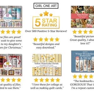 May include: A collage of images showcasing digital products for crafting and scrapbooking. The images include a set of 36 sublimation designs for tumblers, a set of 20 seamless digital papers with yellow watercolor florals, a set of 30 printable bookmarks with a winter wonderland theme, and a set of 219 digital papers and elements for a fairy forest themed journal kit. The collage also includes customer reviews with five-star ratings and positive comments.