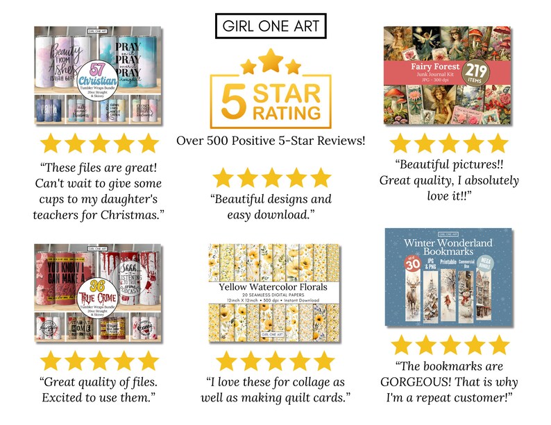 May include: A collage of images showcasing digital products for crafting and scrapbooking. The images include a set of 36 sublimation designs for tumblers, a set of 20 seamless digital papers with yellow watercolor florals, a set of 30 printable bookmarks with a winter wonderland theme, and a set of 219 digital papers and elements for a fairy forest themed journal kit. The collage also includes customer reviews with five-star ratings and positive comments.