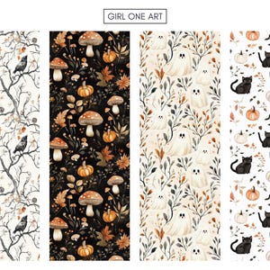 K&ouml;nnte beinhalten: Vier vertikale Tafeln mit Aquarellillustrationen. Die Tafeln zeigen herbstliche Muster mit K&uuml;rbissen, Pilzen, Geistern, schwarzen Katzen und Kr&auml;hen. Der Text "GIRL ONE ART" befindet sich oben.