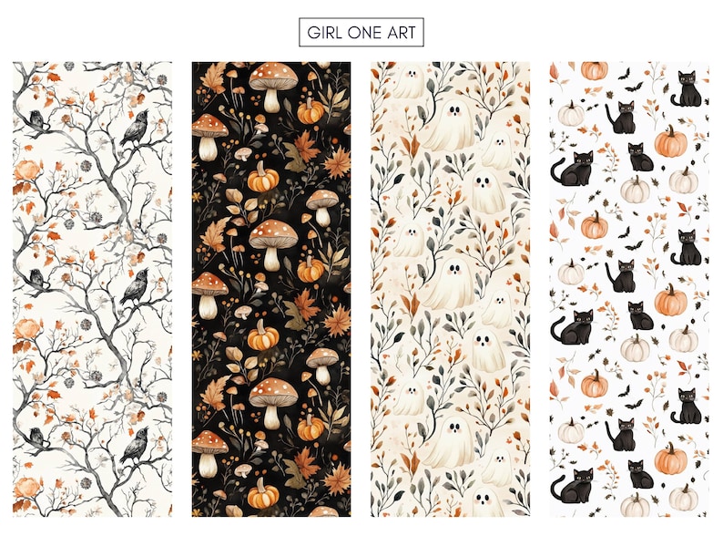 K&ouml;nnte beinhalten: Vier vertikale Tafeln mit Aquarellillustrationen. Die Tafeln zeigen herbstliche Muster mit K&uuml;rbissen, Pilzen, Geistern, schwarzen Katzen und Kr&auml;hen. Der Text "GIRL ONE ART" befindet sich oben.