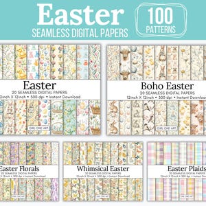 Ostern Seamless Papier Mega Bundle Digital Boho Kinderzimmer Blumen Eier Häschen Highland Kuh Frühling Muster Leinentuch Textur Cottagecore Floral