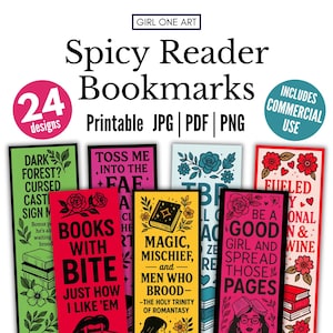 May include: A collection of "Spicy Reader Bookmarks" with 24 designs, available as printable JPG, PDF, and PNG files. The bookmarks feature colorful designs with text like "Books with Bite" and "Fueled by Wine". Includes commercial use.