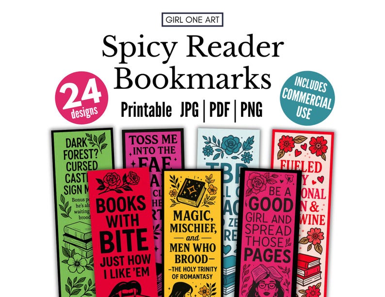 Puede incluir: Una colecci&oacute;n de "Spicy Reader Bookmarks" con 24 dise&ntilde;os, disponibles como archivos JPG, PDF y PNG imprimibles. Los marcadores presentan dise&ntilde;os coloridos con textos como "Books with Bite" y "Fueled by Wine". Incluye uso comercial.