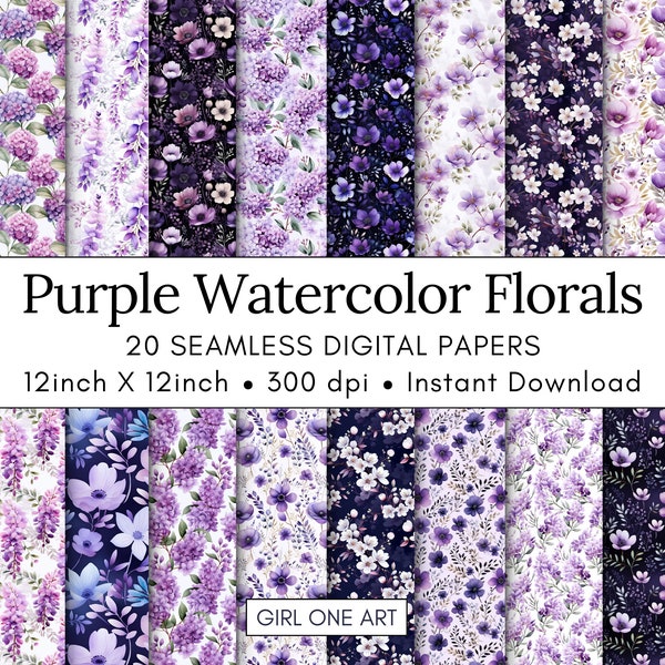 20 Purple Watercolor Floral Printable Paper Seamless Shabby Chic Instant Digital Download Floral Wildflower Scrapbook Junk Journal Paper JPG