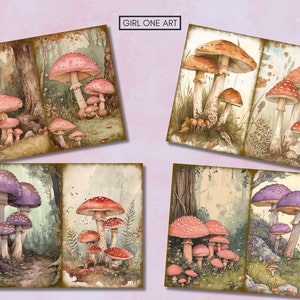 May include: Four watercolor paintings of mushrooms in a forest setting. Each painting features a cluster of mushrooms with red and white caps, or purple caps, with green foliage and brown tree trunks in the background.