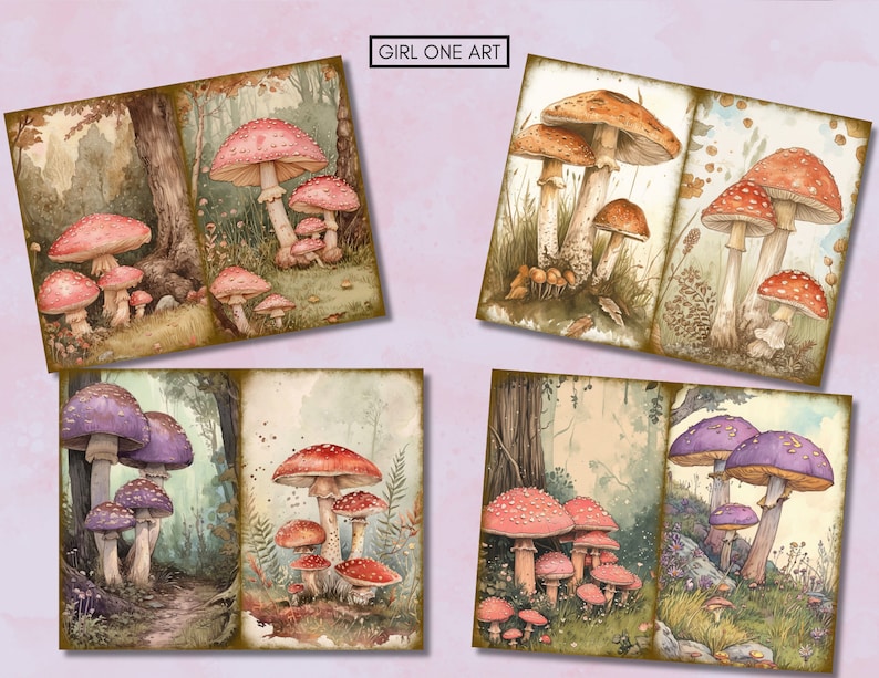 May include: Four watercolor paintings of mushrooms in a forest setting. Each painting features a cluster of mushrooms with red and white caps, or purple caps, with green foliage and brown tree trunks in the background.