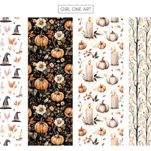 K&ouml;nnte beinhalten: Vier Aquarellmuster mit Herbstmotiven. Eines zeigt Hexenh&uuml;te und Bl&auml;tter, ein anderes K&uuml;rbisse und Blumen auf Schwarz, ein drittes K&uuml;rbisse und Kerzen, und das letzte kahle Baumzweige. Der Text "GIRL ONE ART" befindet sich oben.