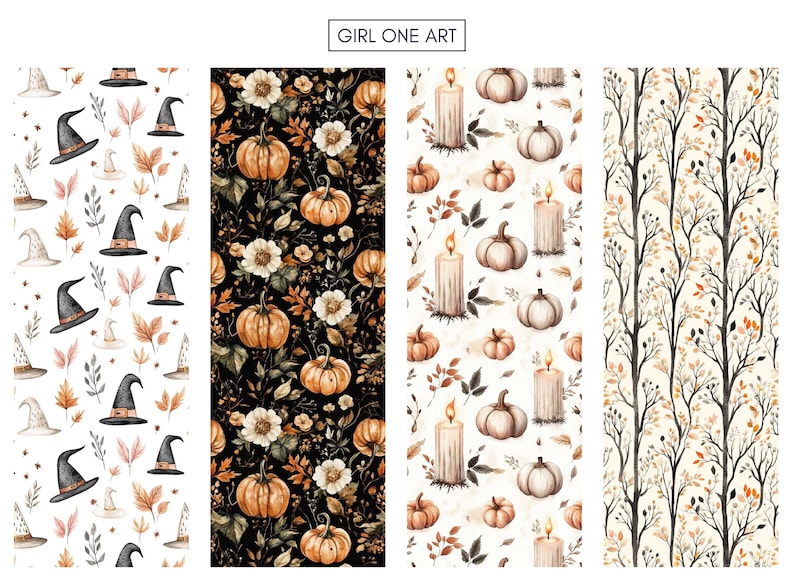 K&ouml;nnte beinhalten: Vier Aquarellmuster mit Herbstmotiven. Eines zeigt Hexenh&uuml;te und Bl&auml;tter, ein anderes K&uuml;rbisse und Blumen auf Schwarz, ein drittes K&uuml;rbisse und Kerzen, und das letzte kahle Baumzweige. Der Text "GIRL ONE ART" befindet sich oben.
