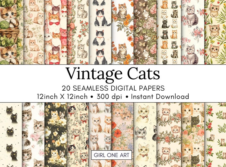 May include: A digital paper pack featuring 20 seamless patterns of vintage cats in various poses and colors. The patterns are 12 inches by 12 inches and 300 dpi. The text "Vintage Cats" is displayed in a large font at the top of the image. The text "20 Seamless Digital Papers" is displayed below the title. The text "12inch X 12inch 300 dpi Instant Download" is displayed below the description of the digital papers. The text "GIRL ONE ART" is displayed in a smaller font at the bottom of the image.