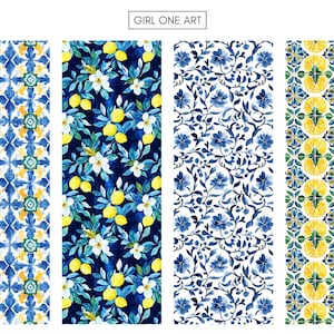 May include: Four different patterns in blue, yellow, and green. The patterns are a blue and white tile pattern, a blue and white floral pattern, a lemon and leaf pattern on a dark blue background, and a lemon and leaf pattern on a white background.