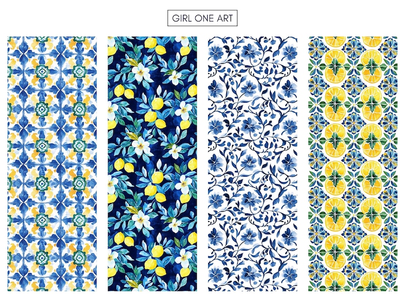 May include: Four different patterns in blue, yellow, and green. The patterns are a blue and white tile pattern, a blue and white floral pattern, a lemon and leaf pattern on a dark blue background, and a lemon and leaf pattern on a white background.