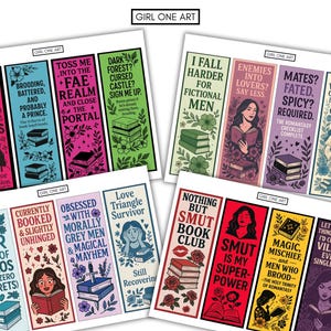 Puede incluir: Un conjunto de marcap&aacute;ginas coloridos con citas e ilustraciones. Los marcap&aacute;ginas presentan frases como &laquo;Me enamoro m&aacute;s de los hombres de ficci&oacute;n&raquo; y &laquo;Nada m&aacute;s que el club de lectura SMUT&raquo;. El logotipo &laquo;Girl One Art&raquo; es visible.