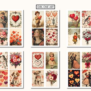Puede incluir: Un collage de 12 im&aacute;genes vintage del D&iacute;a de San Valent&iacute;n con corazones, flores, p&aacute;jaros y parejas. Las im&aacute;genes est&aacute;n en formato de cuadr&iacute;cula y tienen un aspecto descolorido y antiguo.