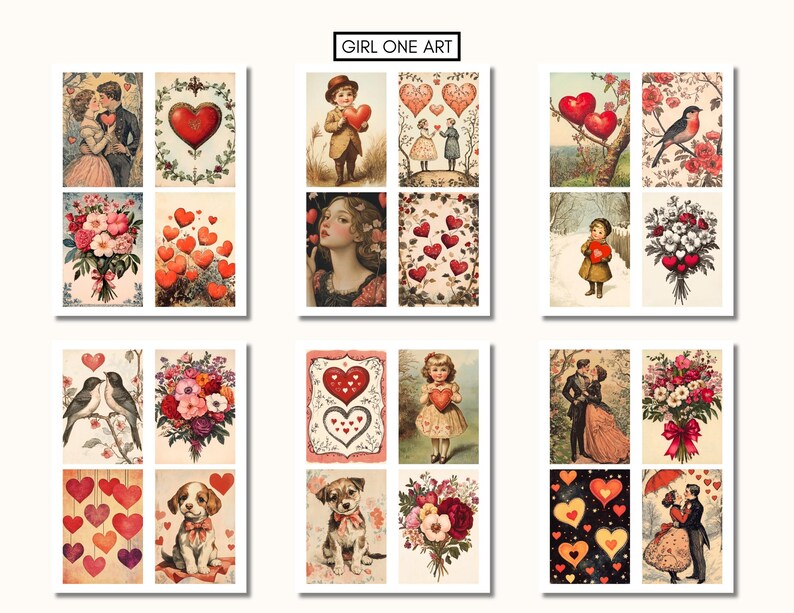Puede incluir: Un collage de 12 im&aacute;genes vintage del D&iacute;a de San Valent&iacute;n con corazones, flores, p&aacute;jaros y parejas. Las im&aacute;genes est&aacute;n en formato de cuadr&iacute;cula y tienen un aspecto descolorido y antiguo.