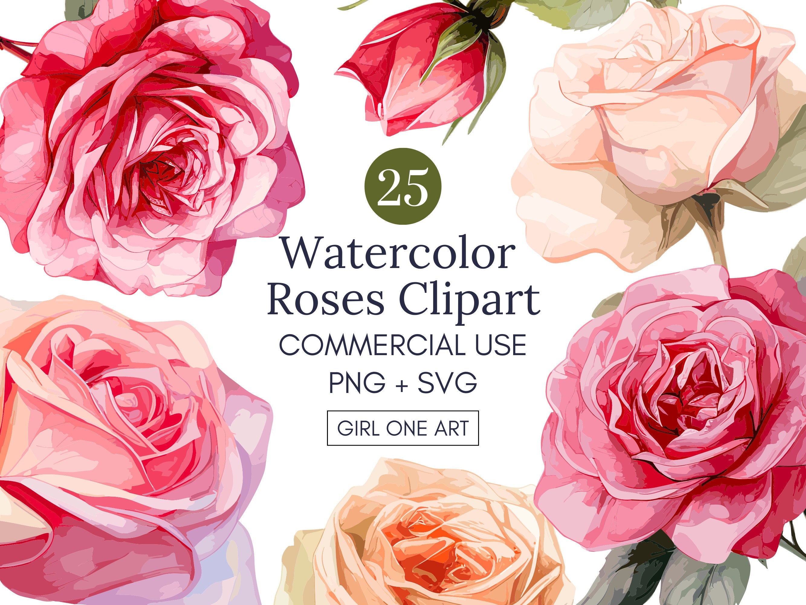 Watercolor Roses Clipart Bundle PNG SVG Commercial Use - Etsy