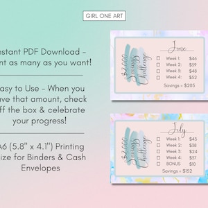 May include: Two printable A6 (5.8" x 4.1") savings challenge trackers. The trackers are designed for June and July. Each tracker has a pink and blue watercolor background with a teal text box that says "$2,000 Savings Challenge". The trackers have a list of weekly savings goals and a total savings goal.