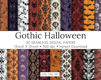 Gothic Halloween Seamless Paper: Damask, Skulls, Bats & Black Cats Patterns, Junk Journal Backgrounds