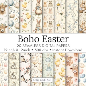 Carta da parati Boho Pasquale senza cuciture stampabile Shabby Chic Pastello Floreale Acquerello Uova di Pasqua Coniglietto per bambini Neutro Primavera Fiori Planner Papers