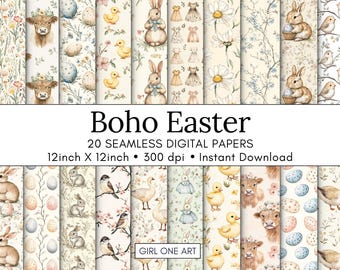Boho Easter Seamless Paper Printable Shabby Chic Pastel Floral Watercolor Easter Eggs Nursery Bunny Neutral Spring Flowers Planner Papers