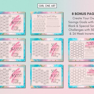 May include: A set of printable savings challenge trackers with watercolor backgrounds. The trackers include 26-week and 30-day challenges with different savings goals, such as $1,000, $2,000, $3,000, $300, and $500. The trackers also include blank templates for creating custom savings goals.