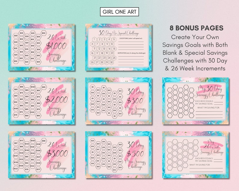 May include: A set of printable savings challenge trackers with watercolor backgrounds. The trackers include 26-week and 30-day challenges with different savings goals, such as $1,000, $2,000, $3,000, $300, and $500. The trackers also include blank templates for creating custom savings goals.