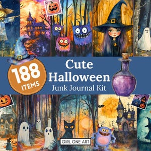 May include: A digital collage kit with 188 items for junk journaling. The kit features cute Halloween illustrations in watercolor style, including ghosts, witches, pumpkins, and a black cat. The text "Cute Halloween Junk Journal Kit" is featured in the center of the collage.