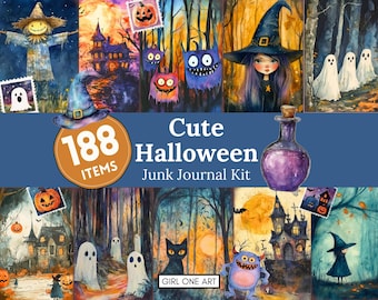 Cute Halloween Junk Journal Kit Digital Scrapbook JPG Paper Whimsical Collage Sheets Vintage Witchcraft Backgrounds Haunted House Download