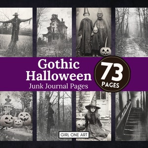 May include: A collection of 73 vintage black and white images with a gothic Halloween theme. The images include a scarecrow, a spooky house, children in costumes, a forest path, pumpkins, and a witch.