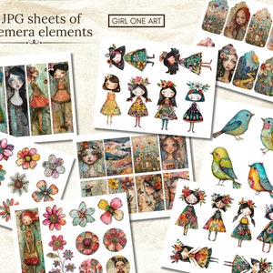 May include: A collection of 14 JPG sheets of ephemera elements featuring watercolor illustrations. The designs include whimsical girls, colorful flowers, and various birds. The text "GIRL ONE ART" is also visible.