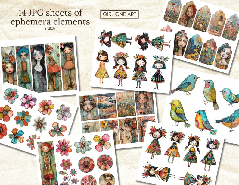 May include: A collection of 14 JPG sheets of ephemera elements featuring watercolor illustrations. The designs include whimsical girls, colorful flowers, and various birds. The text "GIRL ONE ART" is also visible.