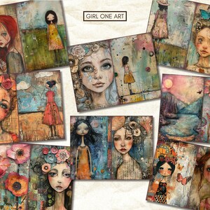 May include: A collection of mixed media art prints featuring portraits of women and girls. The artwork has a vintage, distressed aesthetic with soft colors, floral accents, and the text "GIRL ONE ART". The art pieces are in various sizes and orientations.