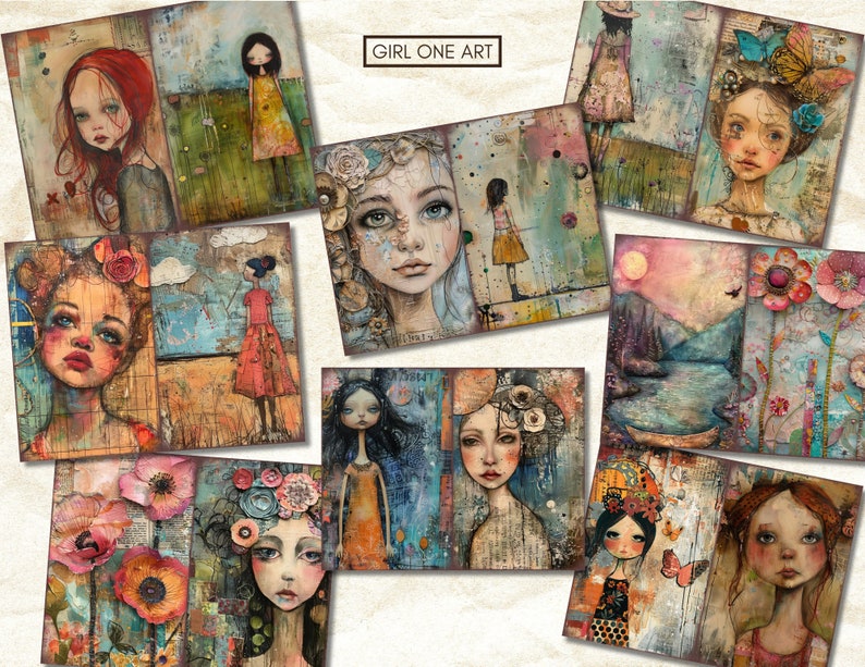 May include: A collection of mixed media art prints featuring portraits of women and girls. The artwork has a vintage, distressed aesthetic with soft colors, floral accents, and the text "GIRL ONE ART". The art pieces are in various sizes and orientations.