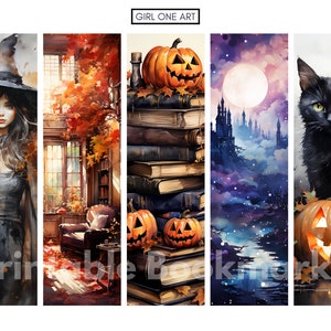 May include: Set of four printable bookmarks featuring Halloween themes. The first bookmark shows a witch with long dark hair and a black hat. The second bookmark shows a cozy autumn scene with a window and a chair. The third bookmark shows a stack of books with pumpkins on top. The fourth bookmark shows a black cat sitting on a pumpkin.