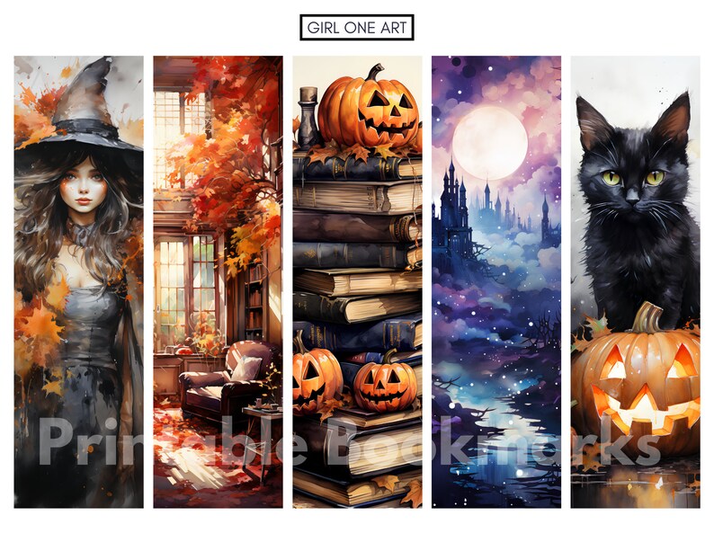 May include: Set of four printable bookmarks featuring Halloween themes. The first bookmark shows a witch with long dark hair and a black hat. The second bookmark shows a cozy autumn scene with a window and a chair. The third bookmark shows a stack of books with pumpkins on top. The fourth bookmark shows a black cat sitting on a pumpkin.