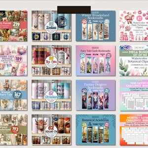 May include: A collection of digital printable products, including bookmarks, journal kits, clipart, and savings challenge trackers. The designs feature various themes, such as winter wonderland, fairy tales, zodiac signs, true crime, and botanical illustrations.