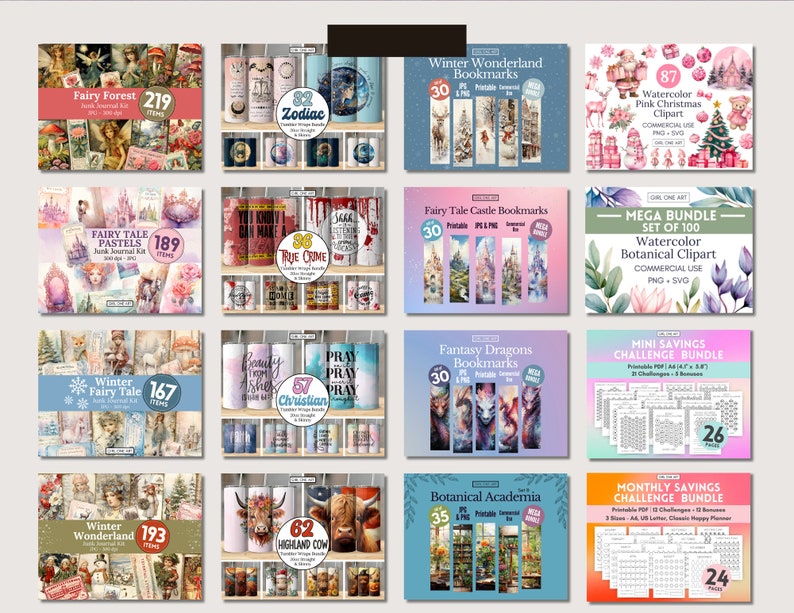 May include: A collection of digital printable products, including bookmarks, journal kits, clipart, and savings challenge trackers. The designs feature various themes, such as winter wonderland, fairy tales, zodiac signs, true crime, and botanical illustrations.