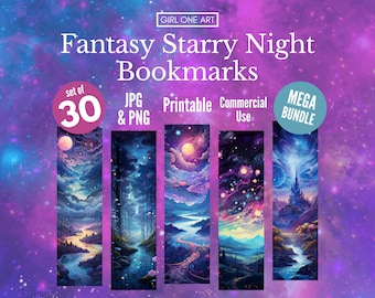 Fantasy Starry Night Printable Bookmark Bundle Digital Download PNG JPG Junk Journal Supply Print & Cut Sublimation Fantasy Landscape Cricut
