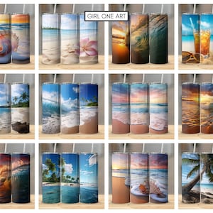 May include: Twelve different designs of beach-themed tumblers. Each tumbler features a different beach scene, including palm trees, seashells, waves, and sunsets. The tumblers are all stainless steel and have a double-walled design to keep drinks cold or hot.