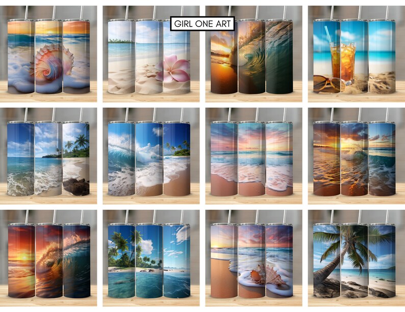 May include: Twelve different designs of beach-themed tumblers. Each tumbler features a different beach scene, including palm trees, seashells, waves, and sunsets. The tumblers are all stainless steel and have a double-walled design to keep drinks cold or hot.
